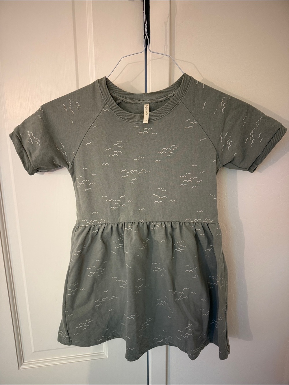 Rylee + Cru Sage Green Short Sleeve Gathered Waist Dress with White Wave Print
